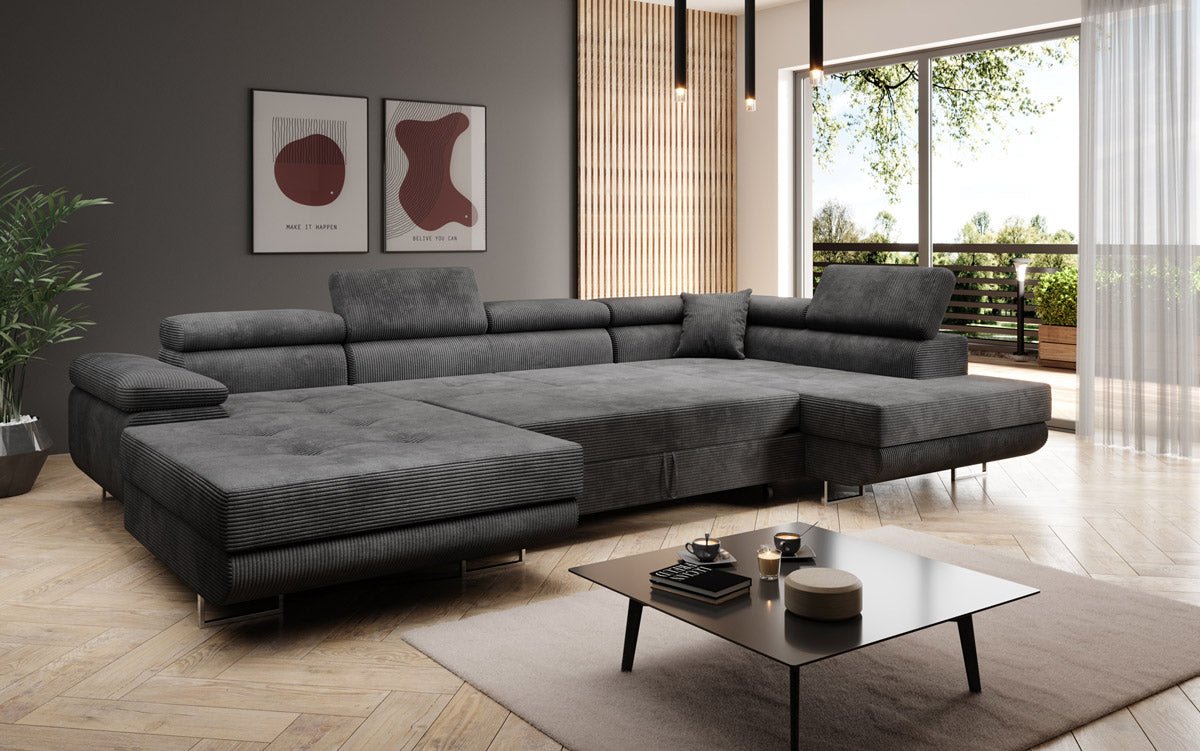 Canapé designer Lago avec fonction couchage et pliable en velours côtelé
