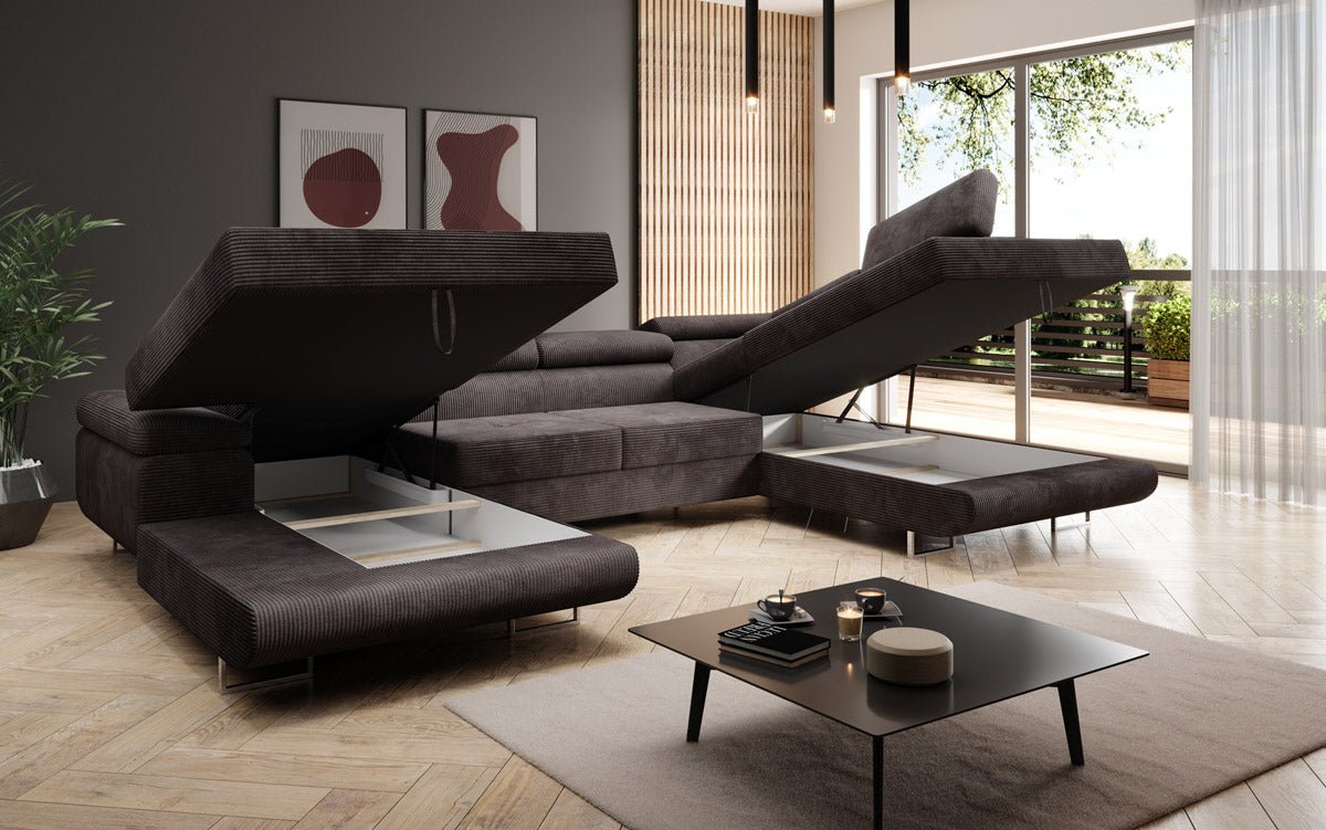 Canapé designer Lago avec fonction couchage et pliable en velours côtelé
