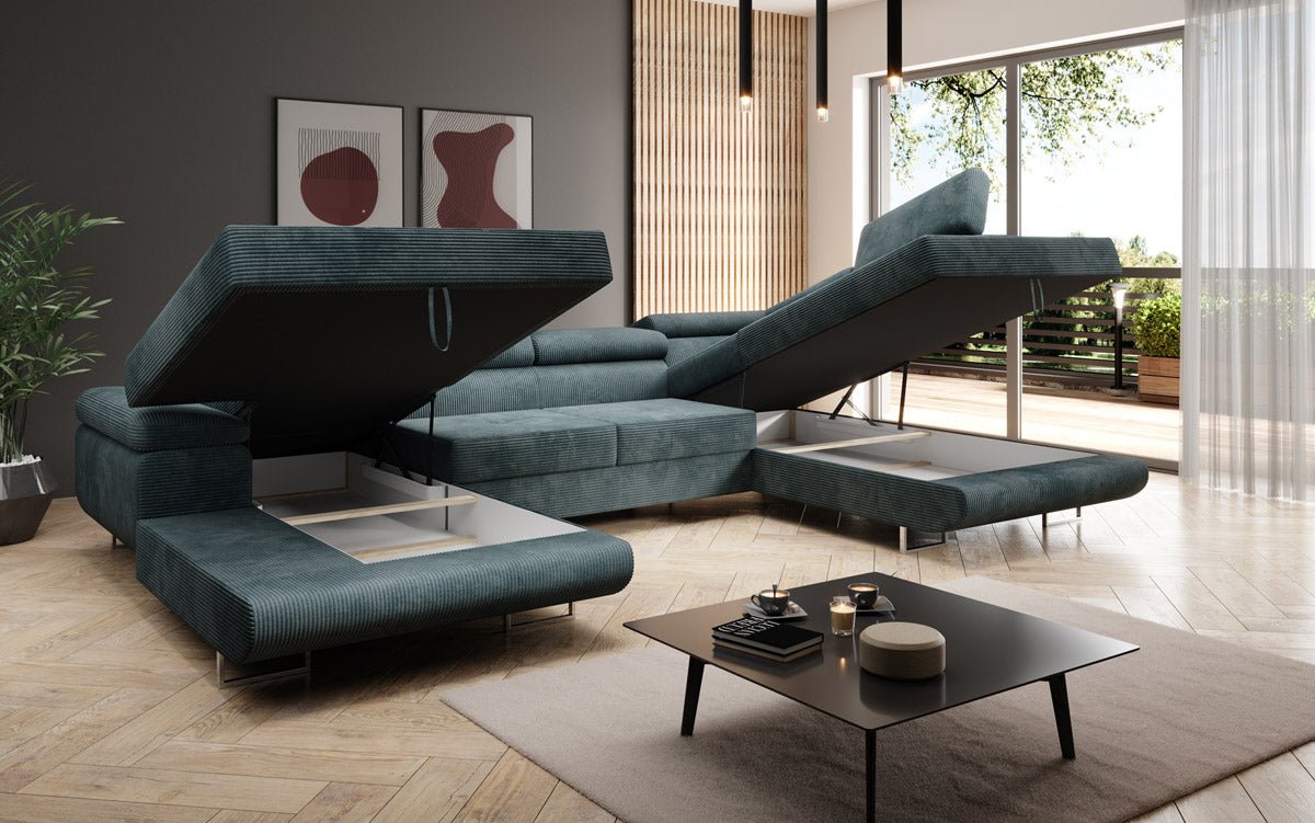 Canapé designer Lago avec fonction couchage et pliable en velours côtelé