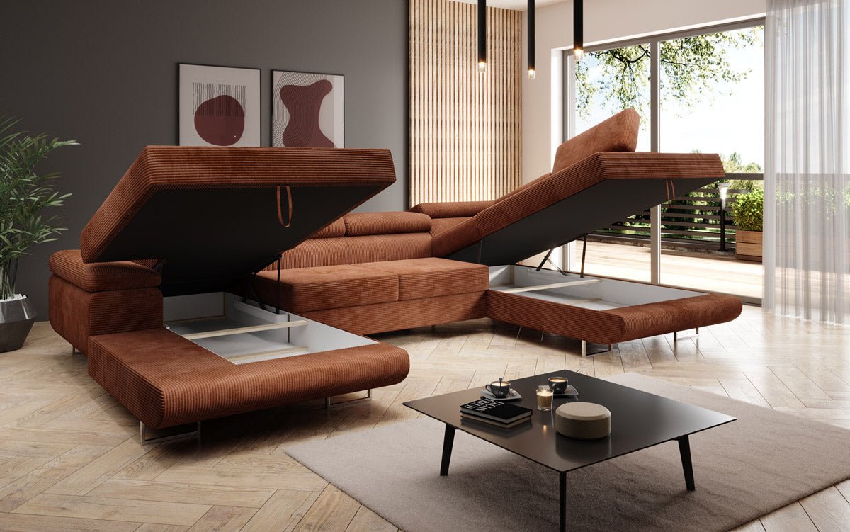 Canapé designer Lago avec fonction couchage et pliable en velours côtelé