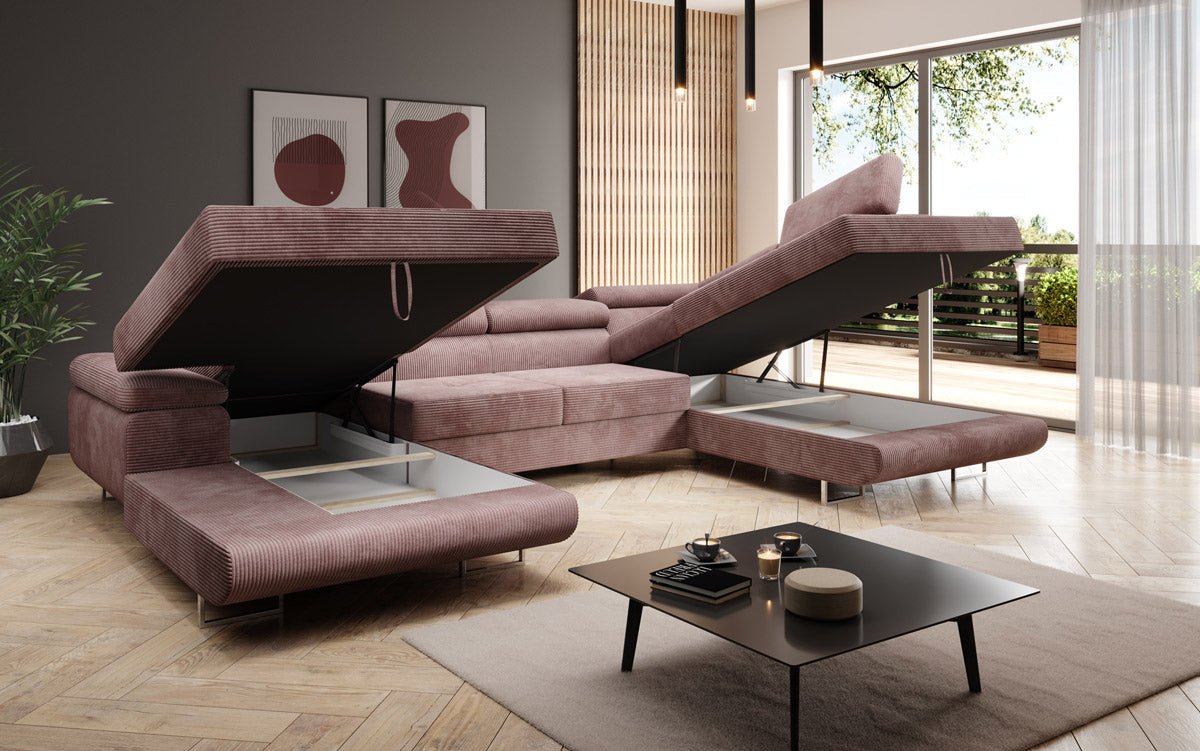 Canapé designer Lago avec fonction couchage et pliable en velours côtelé