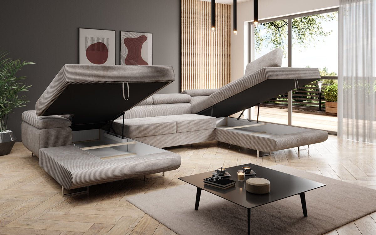 Canapé designer Lago avec fonction couchage et pliable en velours côtelé