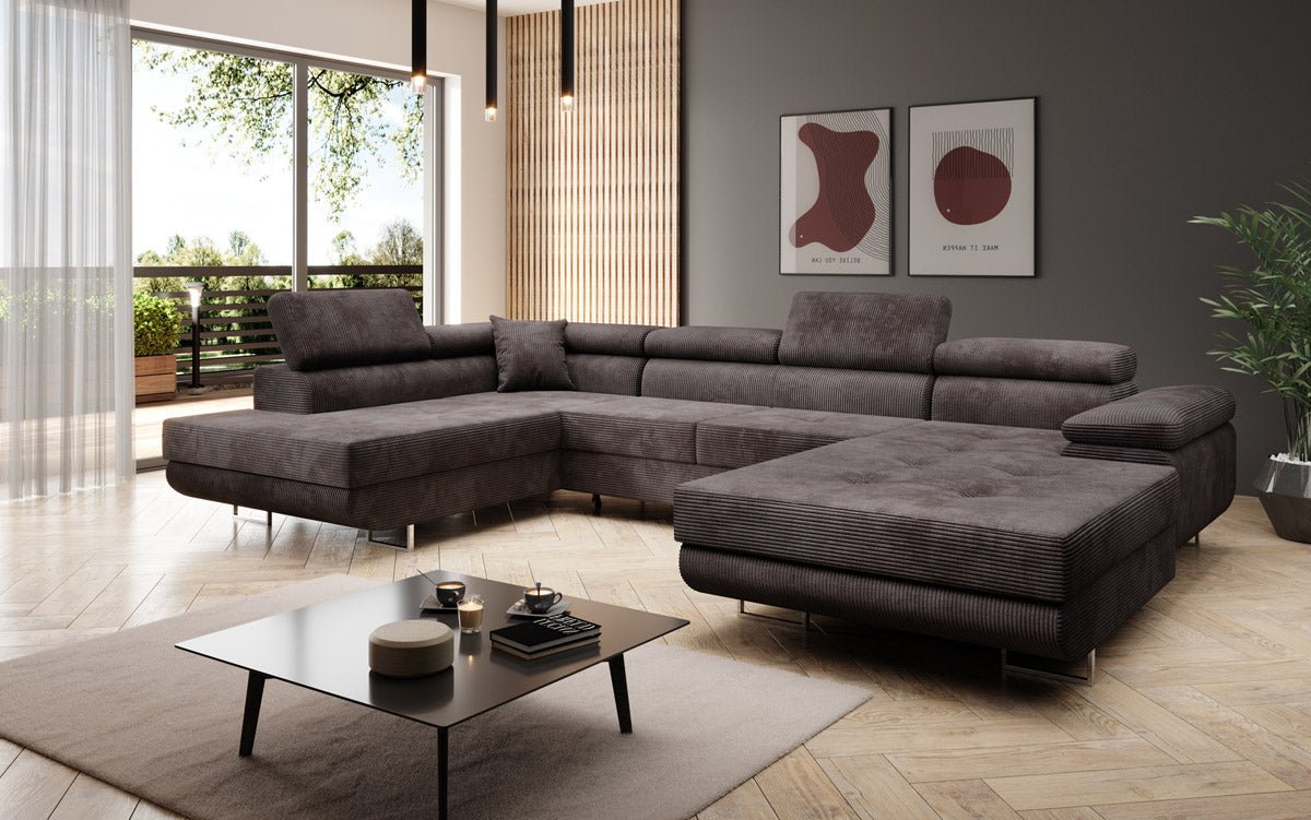 Canapé designer Lago avec fonction couchage et pliable en velours côtelé