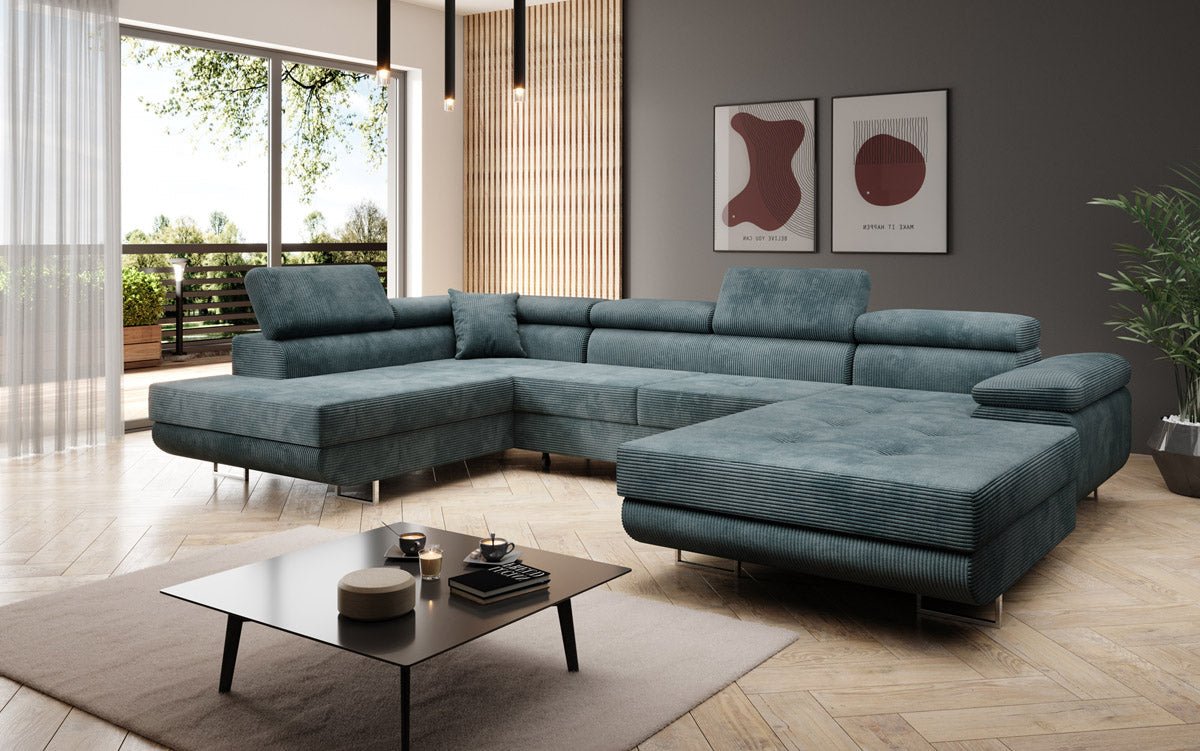 Canapé designer Lago avec fonction couchage et pliable en velours côtelé