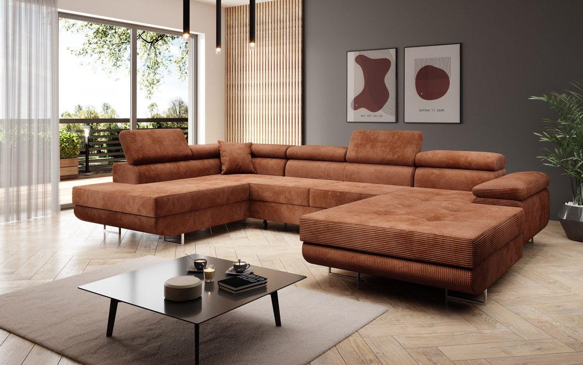Canapé designer Lago avec fonction couchage et pliable en velours côtelé