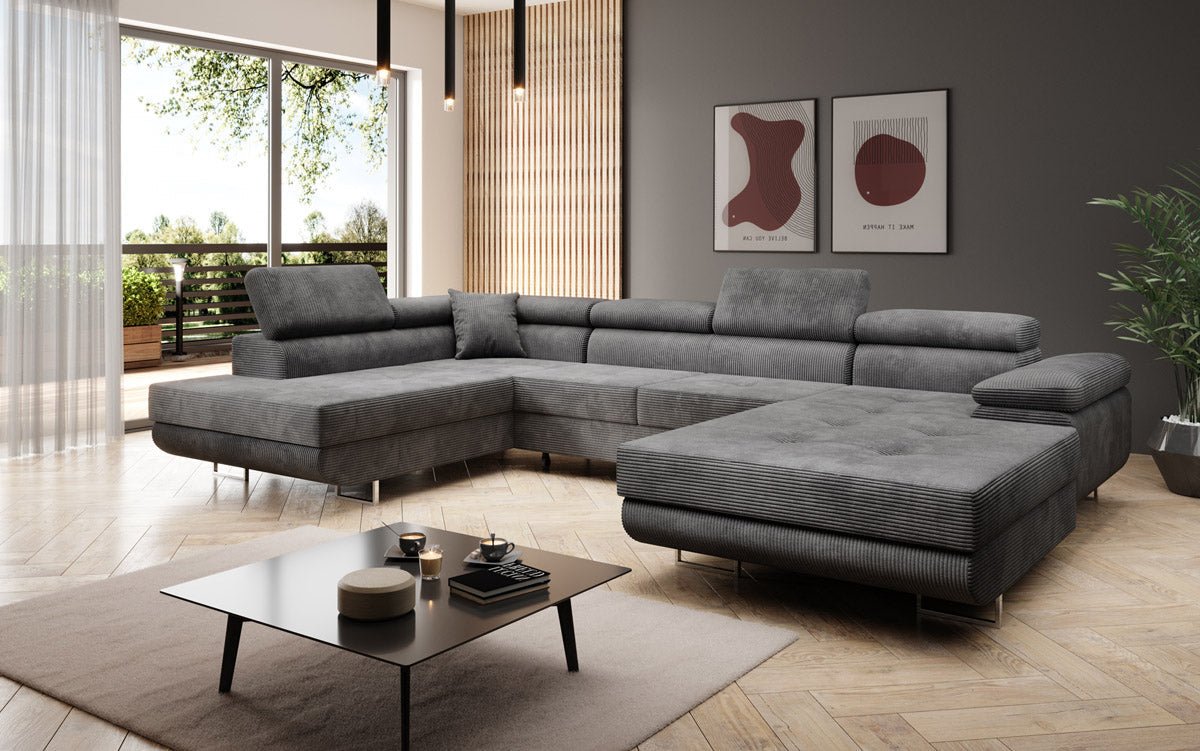 Canapé designer Lago avec fonction couchage et pliable en velours côtelé