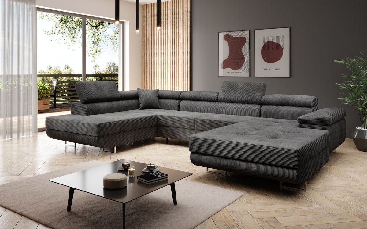 Canapé designer Lago avec fonction couchage et pliable en velours côtelé