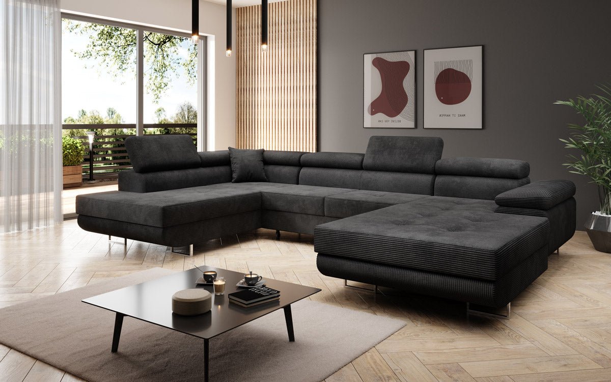 Canapé designer Lago avec fonction couchage et pliable en velours côtelé