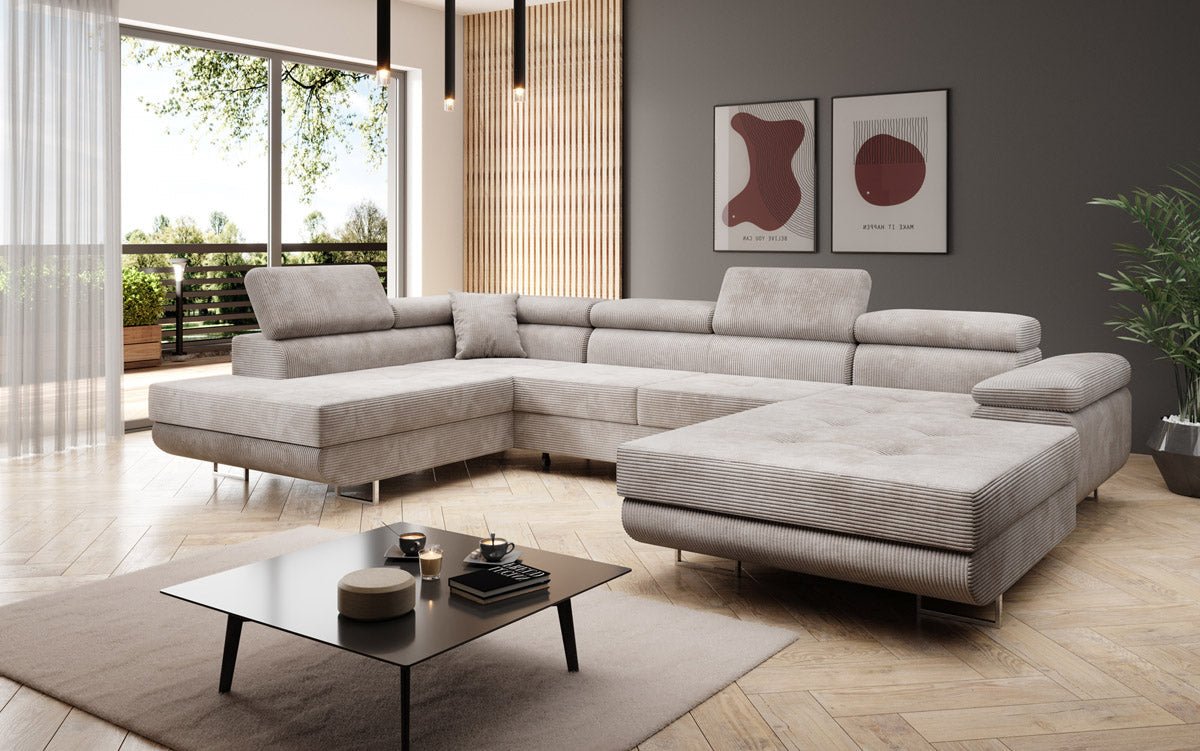 Canapé designer Lago avec fonction couchage et pliable en velours côtelé