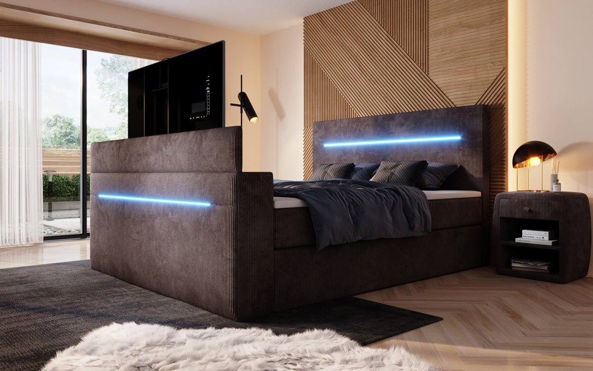 Sejour box spring bed with TV lift, RGB, and storage in corduroy