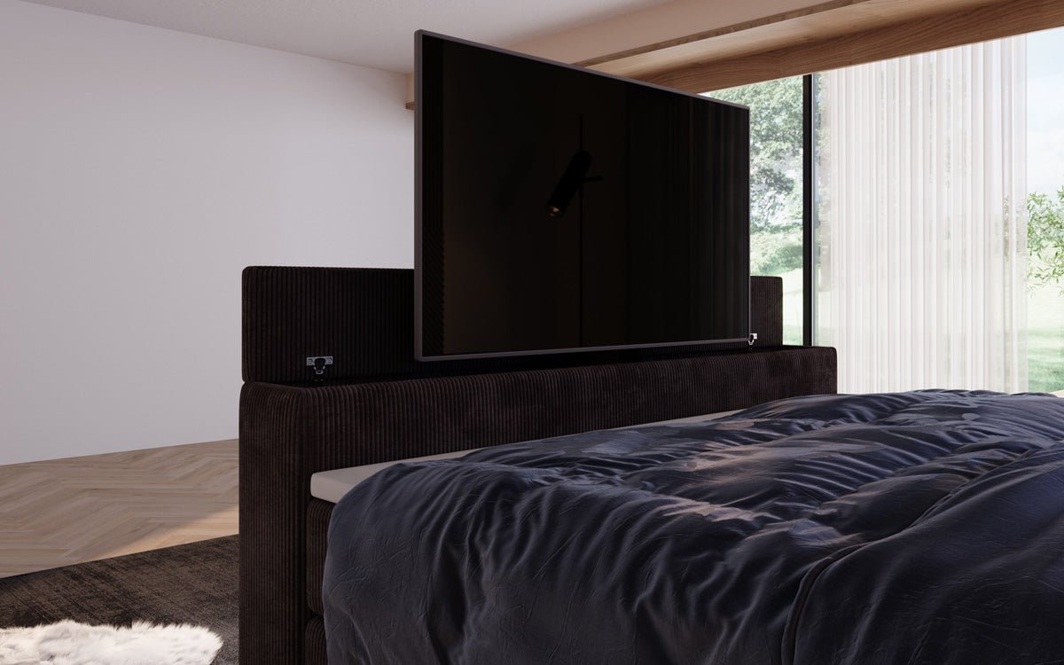 Sejour box spring bed with TV lift, RGB, and storage in corduroy