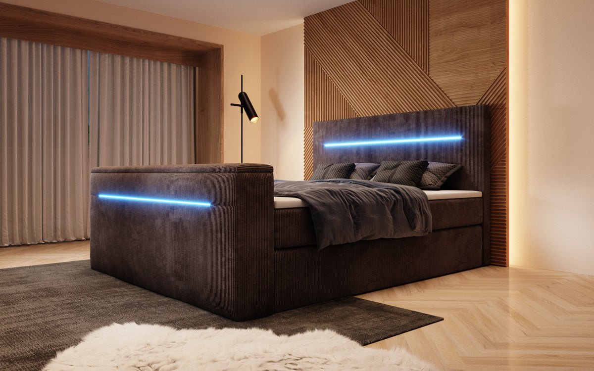 Sejour box spring bed with TV lift, RGB, and storage in corduroy