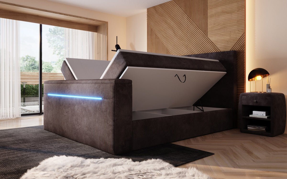 Sejour box spring bed with TV lift, RGB, and storage in corduroy