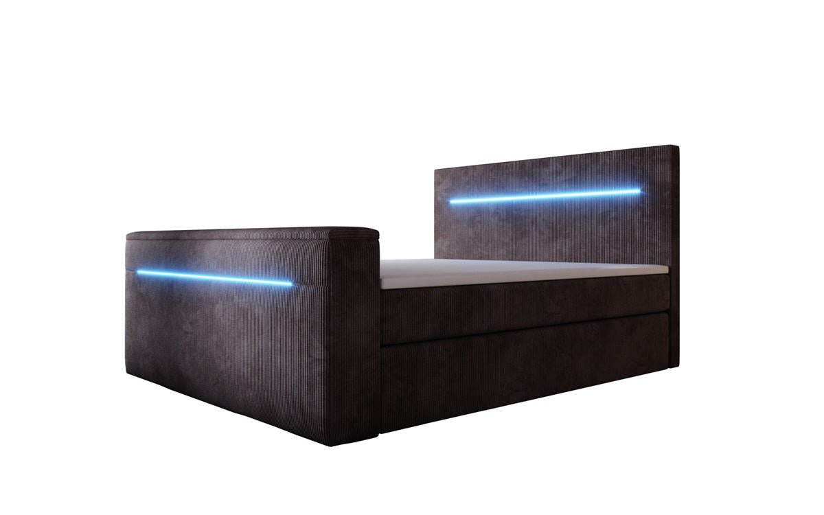 Sejour box spring bed with TV lift, RGB, and storage in corduroy