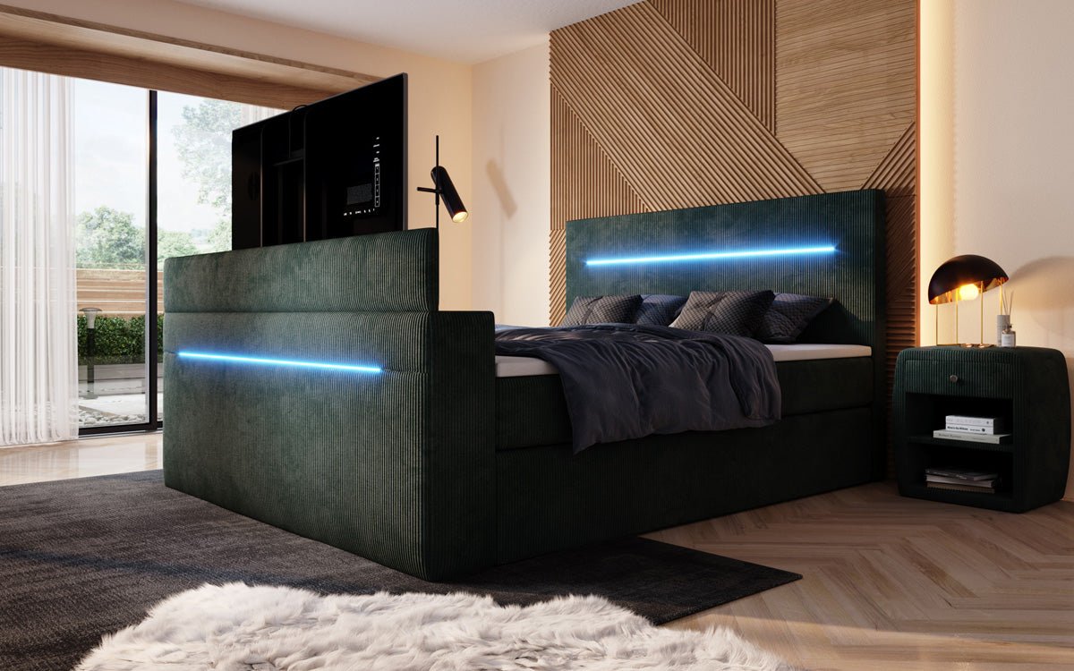 Sejour box spring bed with TV lift, RGB, and storage in corduroy