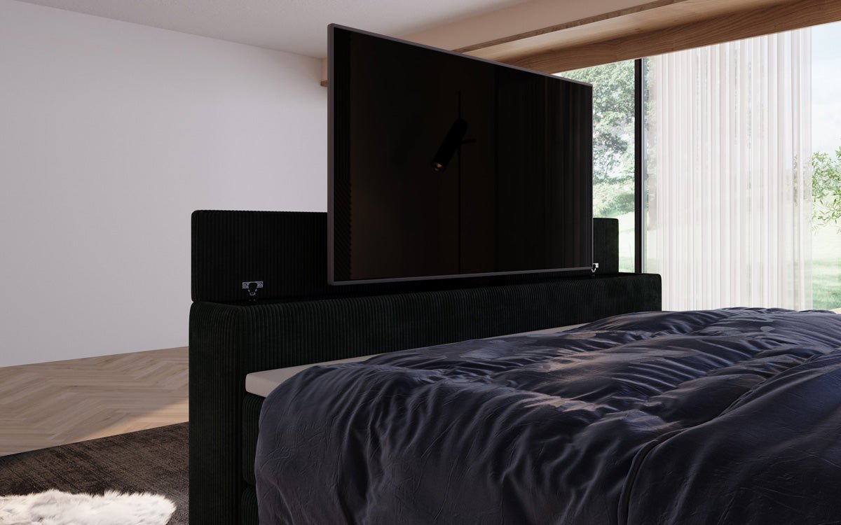 Sejour box spring bed with TV lift, RGB, and storage in corduroy