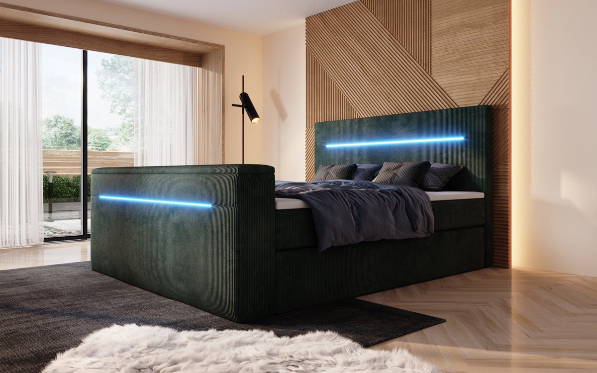 Sejour box spring bed with TV lift, RGB, and storage in corduroy