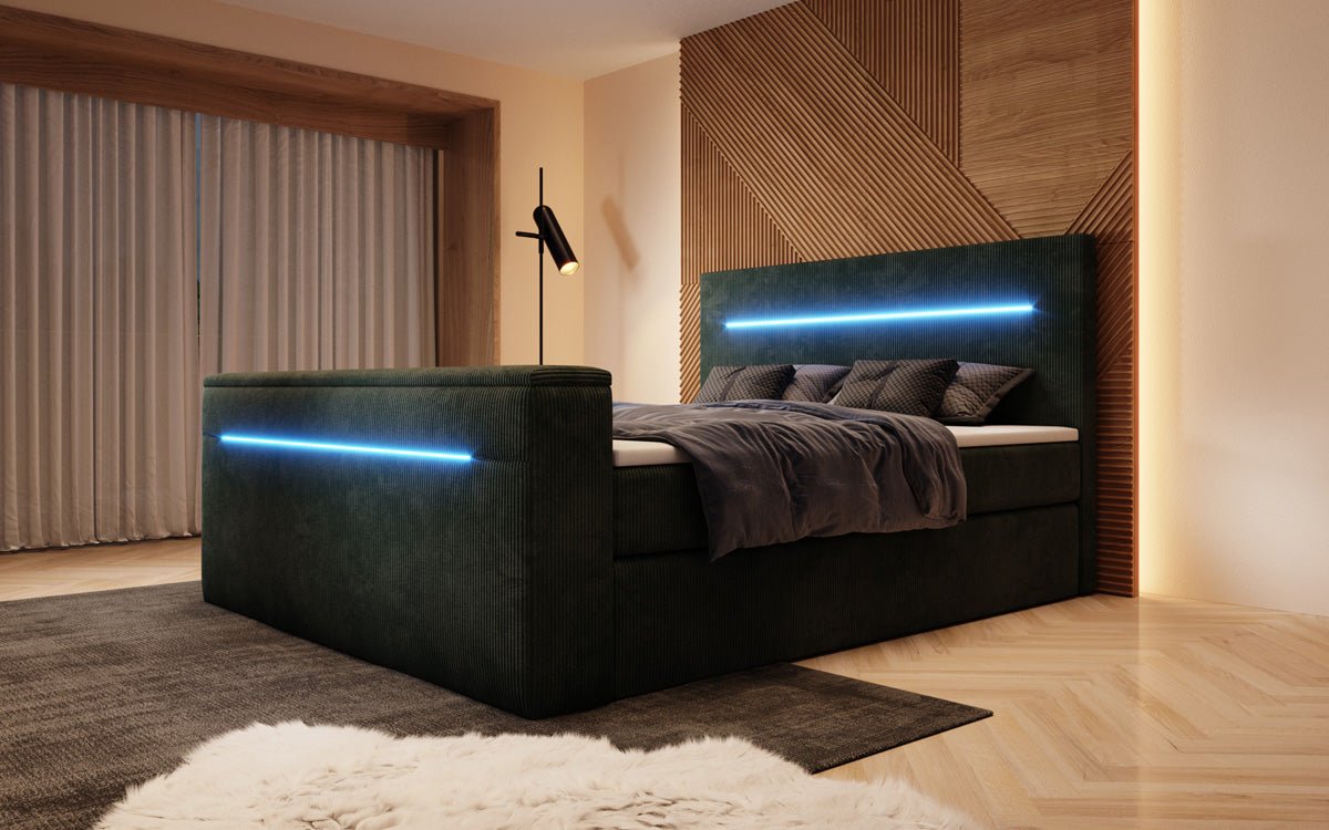 Sejour box spring bed with TV lift, RGB, and storage in corduroy