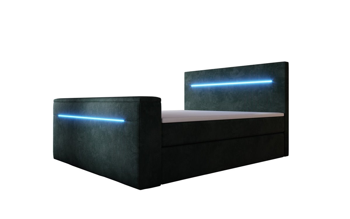 Sejour box spring bed with TV lift, RGB, and storage in corduroy