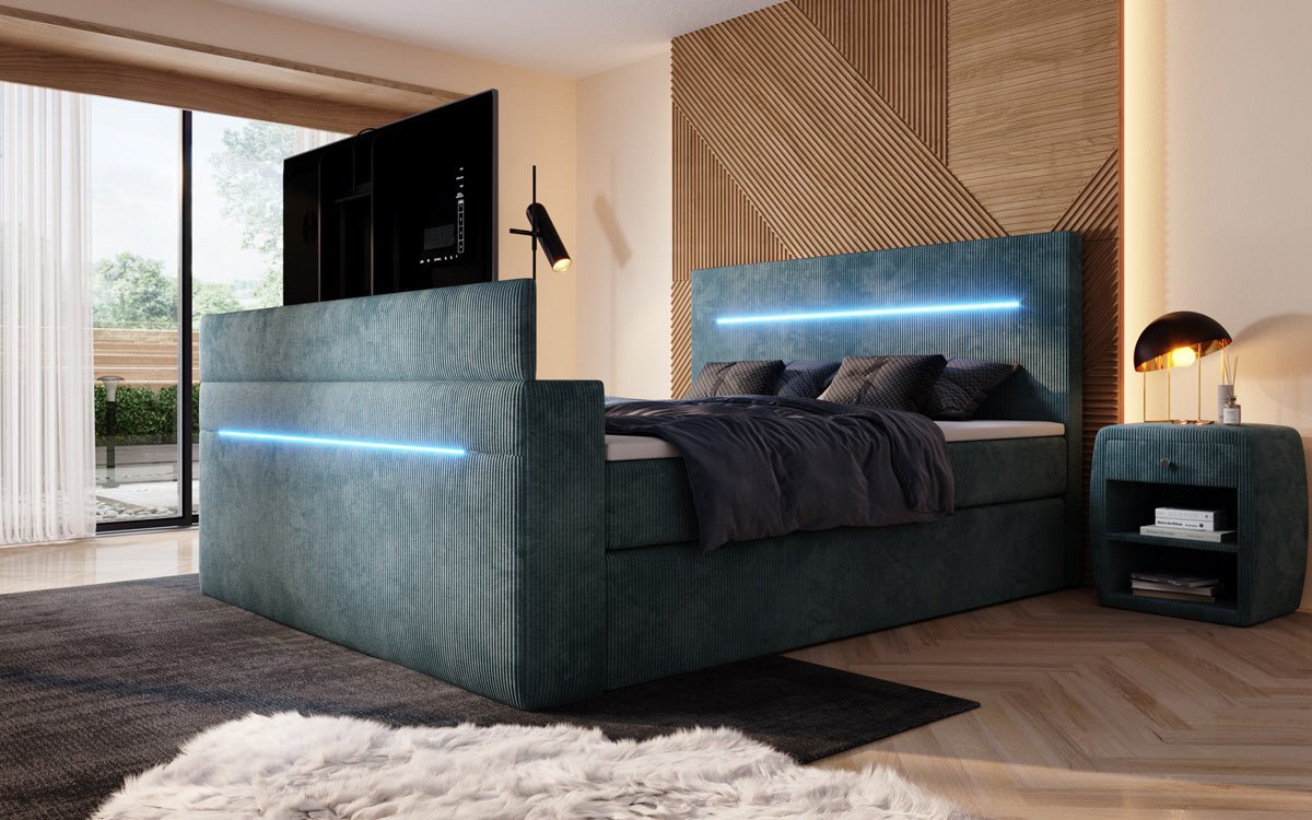 Sejour box spring bed with TV lift, RGB, and storage in corduroy