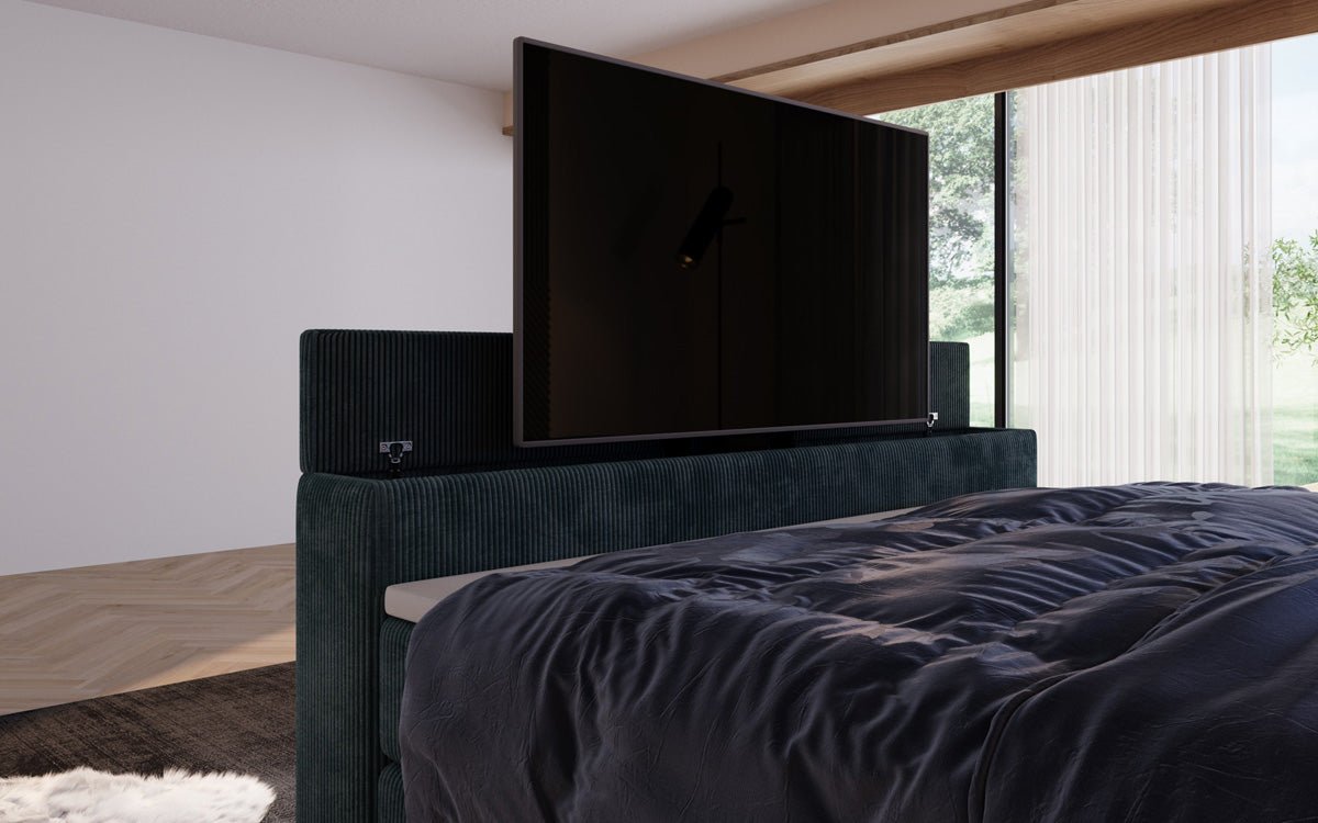 Sejour box spring bed with TV lift, RGB, and storage in corduroy