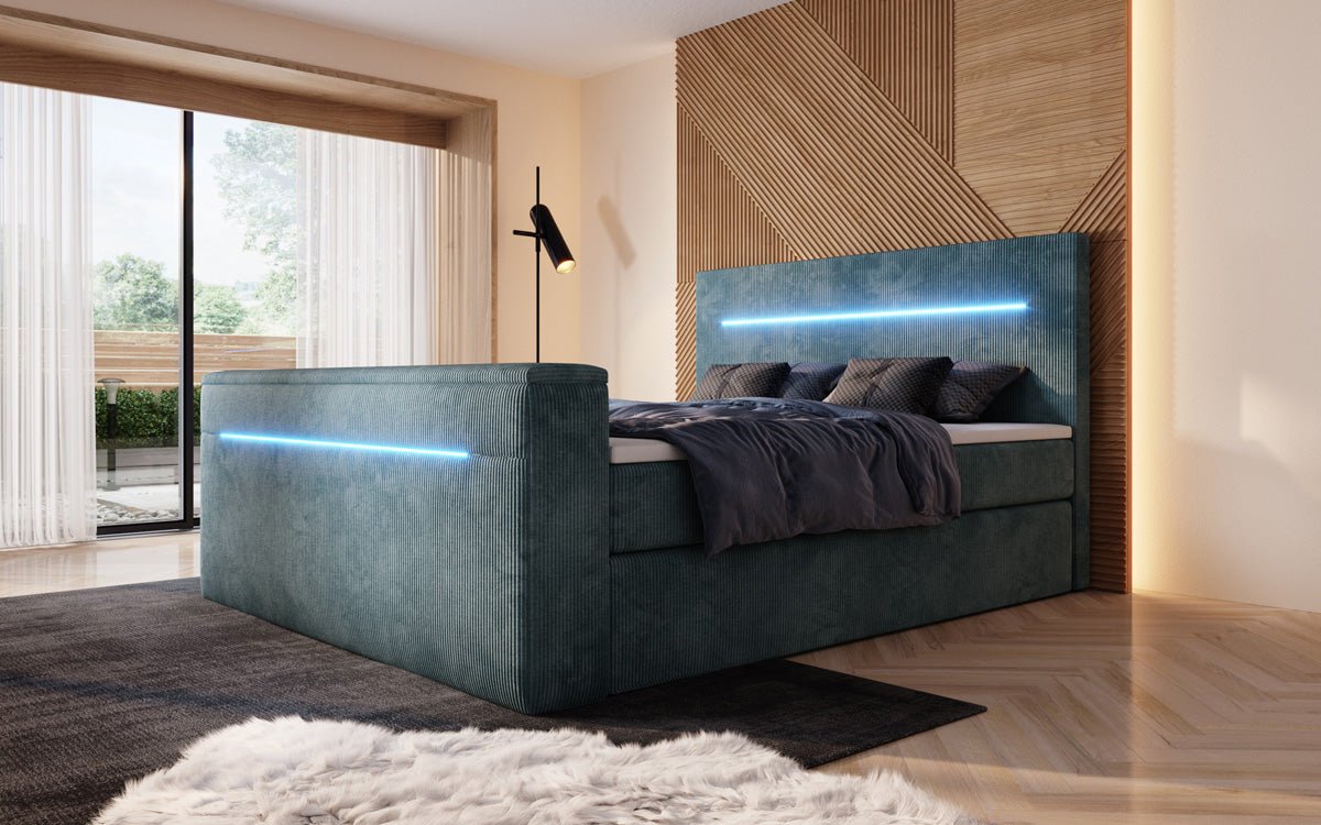 Lit boxspring Sejour avec ascenseur TV, RGB et espace de rangement en Côtelé