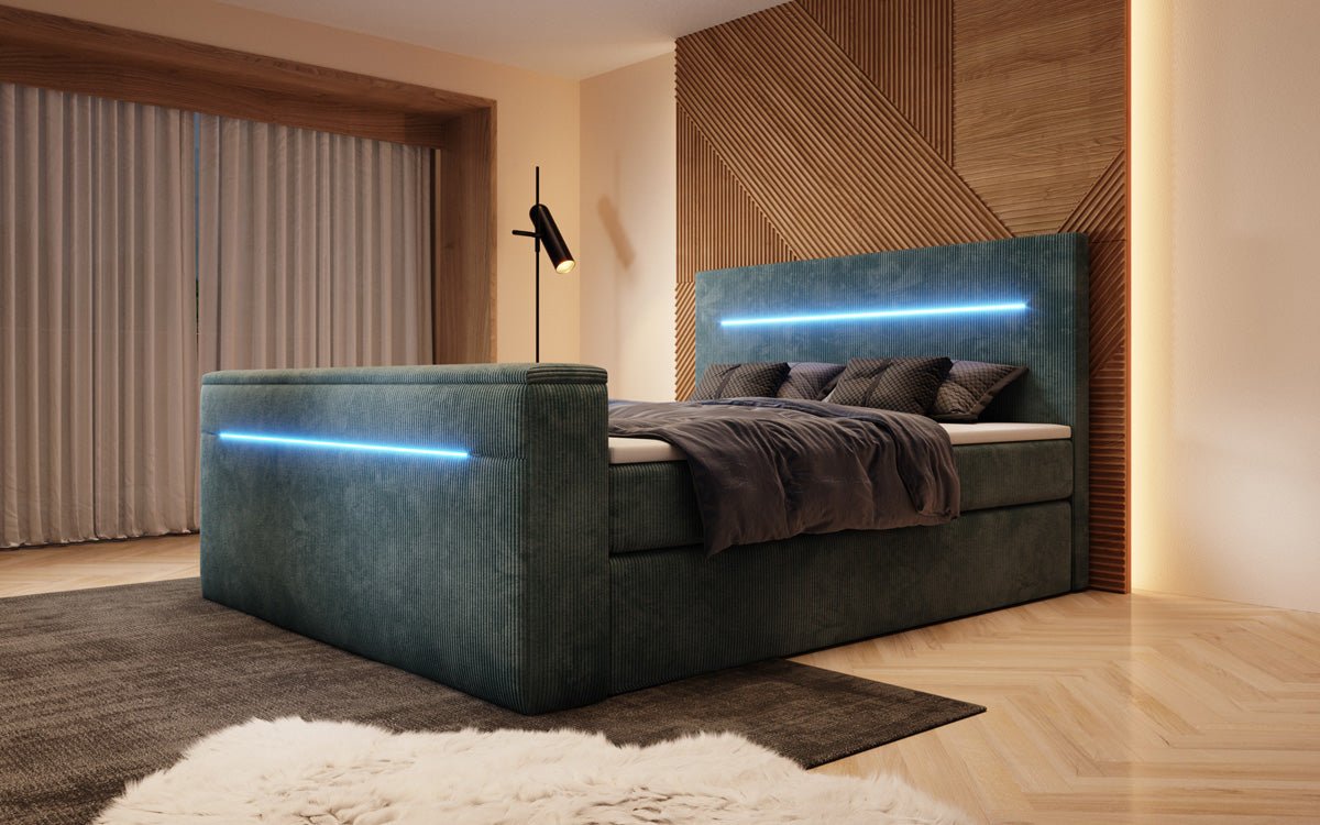 Sejour box spring bed with TV lift, RGB, and storage in corduroy