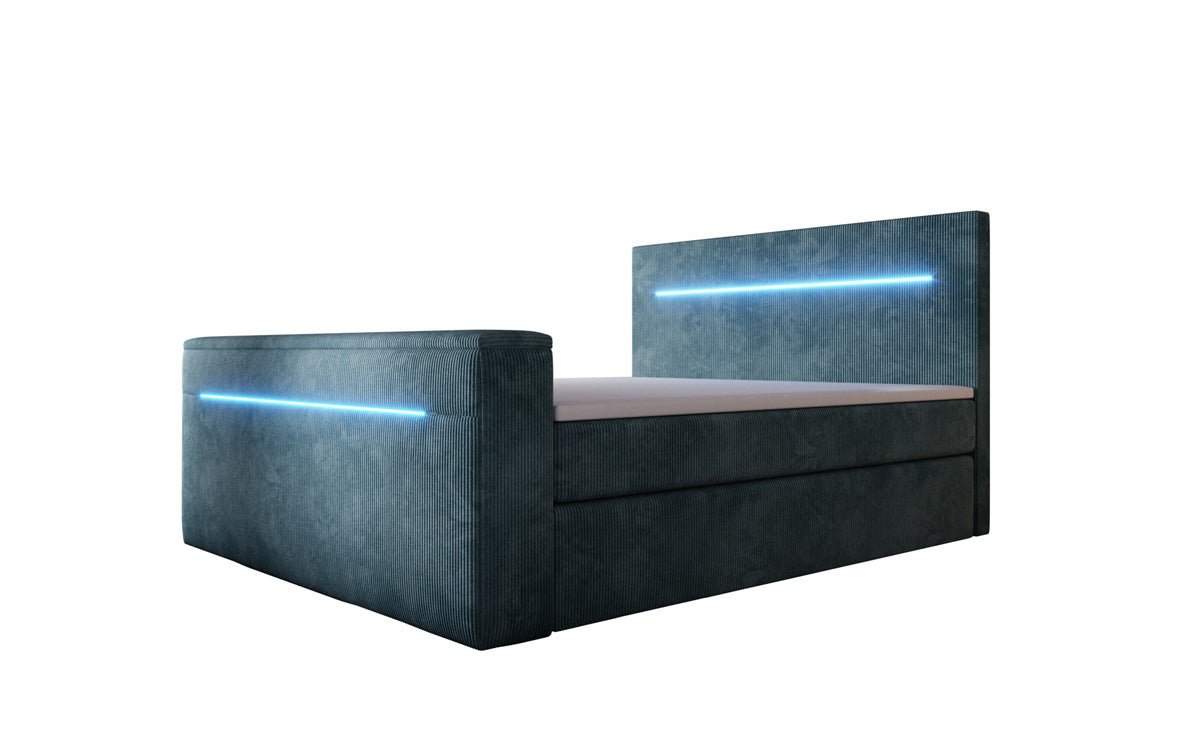 Sejour box spring bed with TV lift, RGB, and storage in corduroy