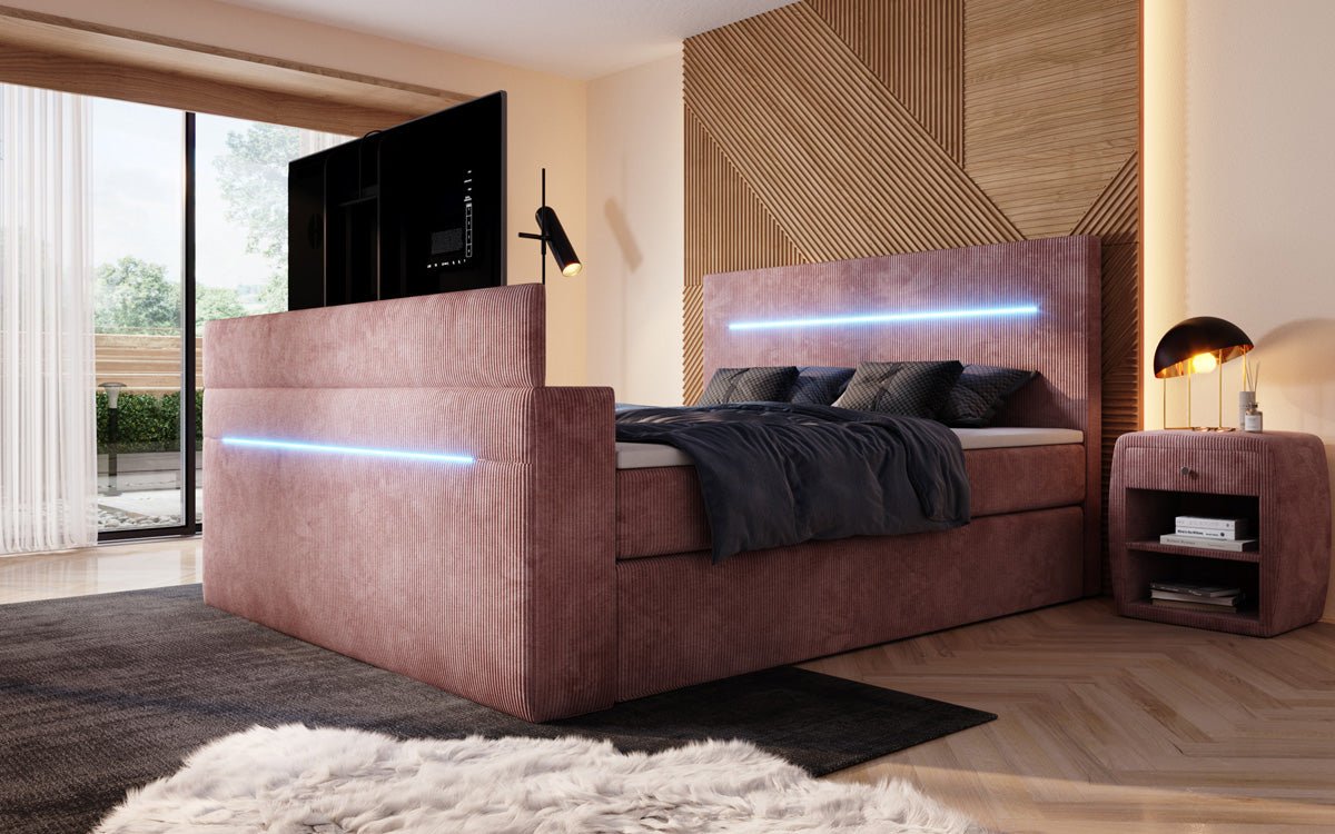 Sejour box spring bed with TV lift, RGB, and storage in corduroy