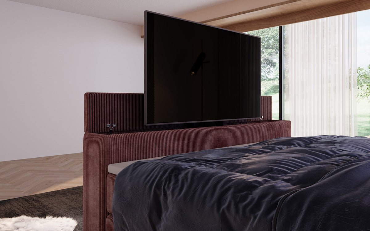 Sejour box spring bed with TV lift, RGB, and storage in corduroy