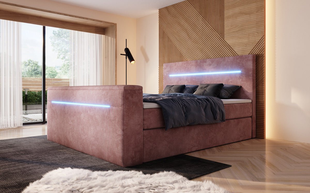 Sejour box spring bed with TV lift, RGB, and storage in corduroy