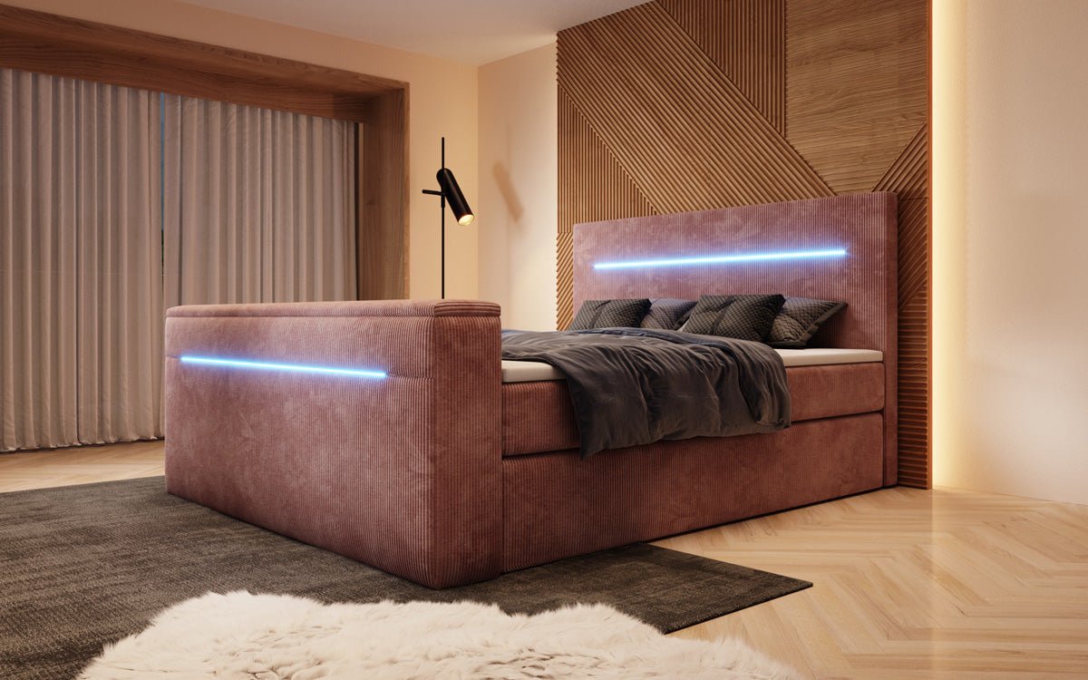 Sejour box spring bed with TV lift, RGB, and storage in corduroy