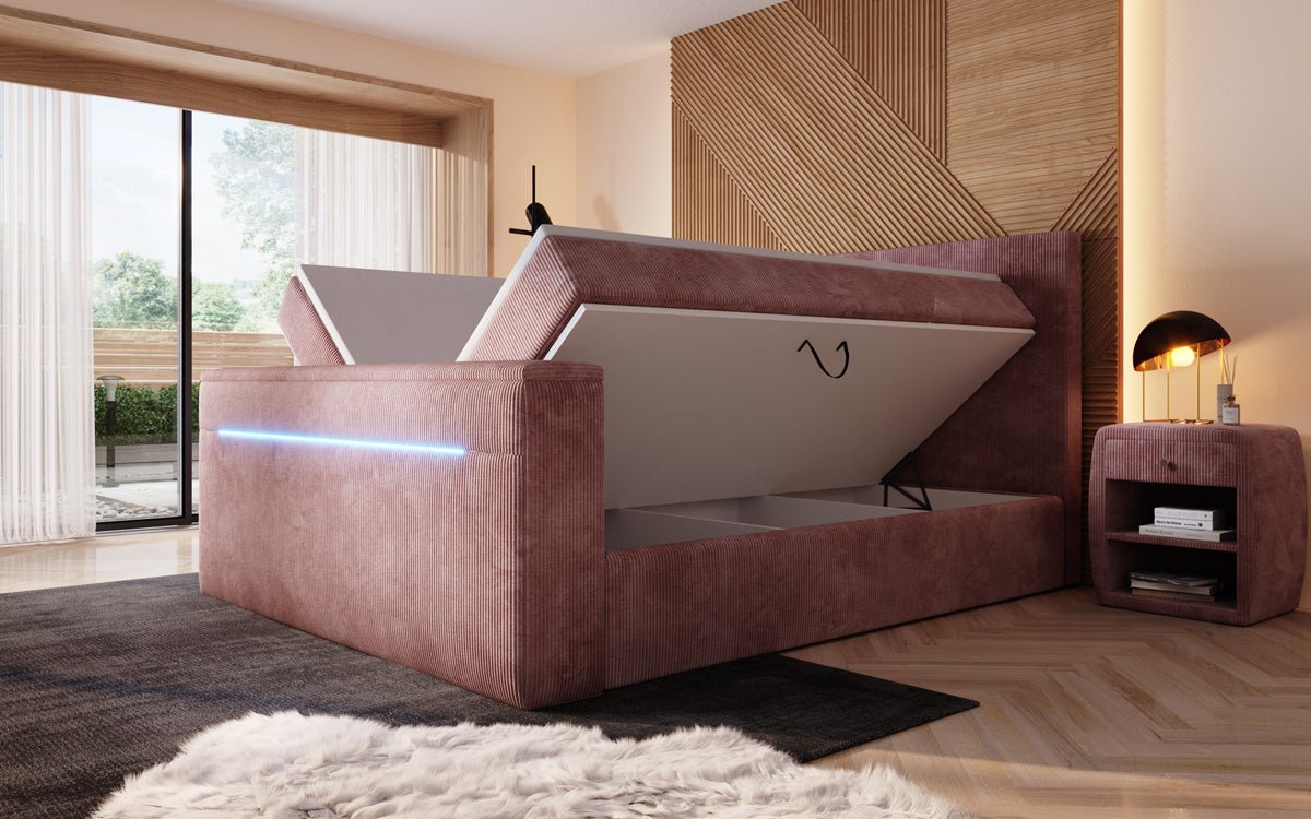 Sejour box spring bed with TV lift, RGB, and storage in corduroy