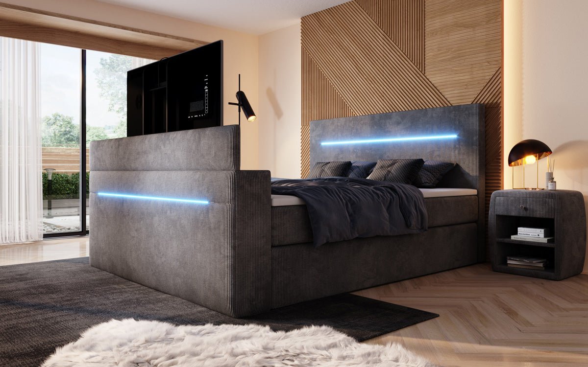 Sejour box spring bed with TV lift, RGB, and storage in corduroy