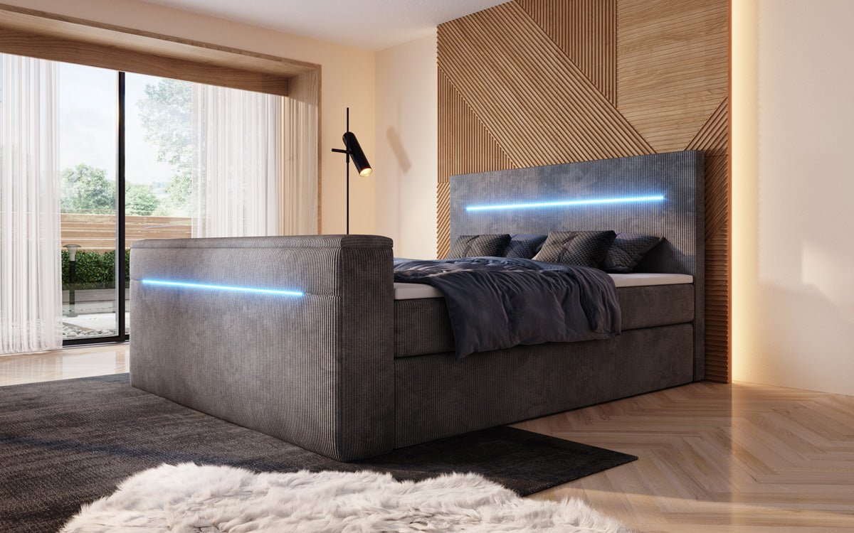 Sejour box spring bed with TV lift, RGB, and storage in corduroy