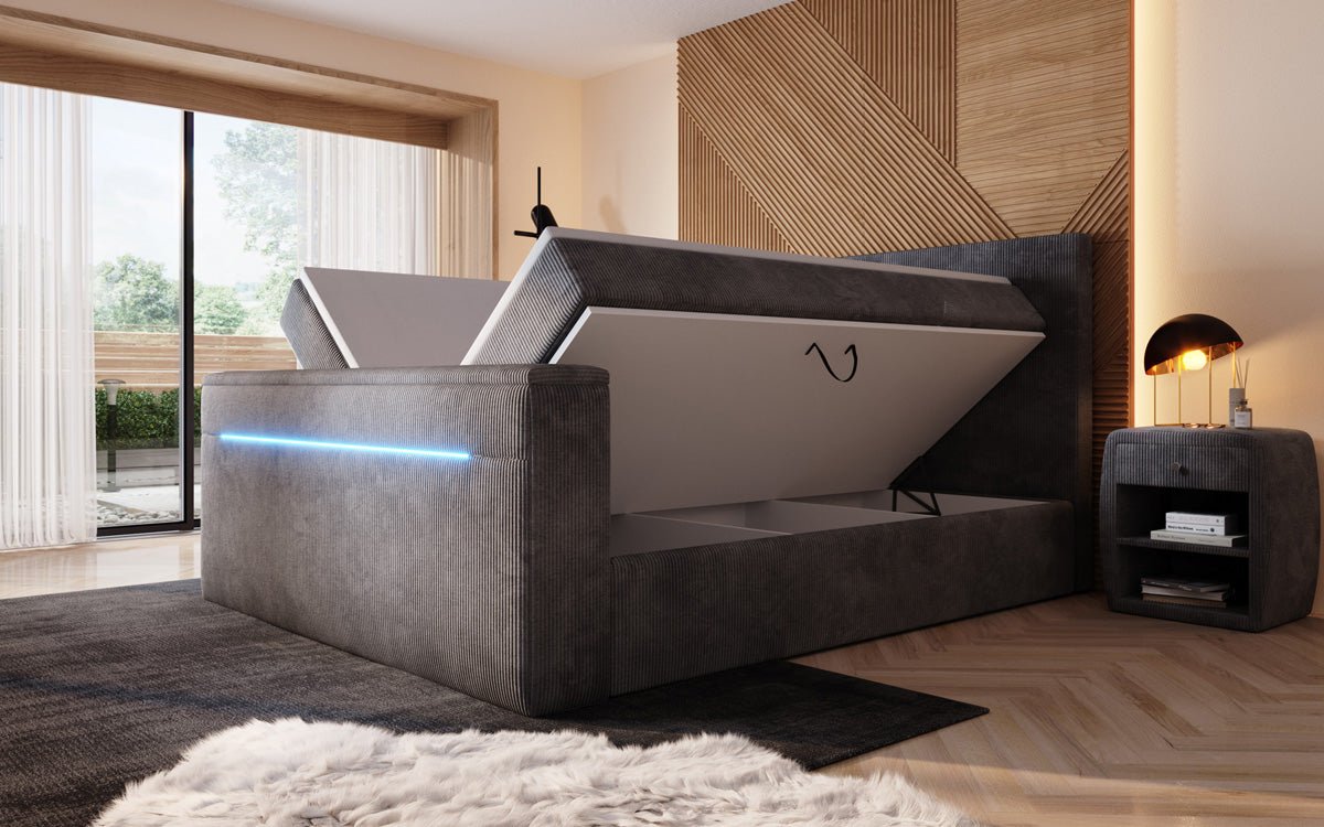 Sejour box spring bed with TV lift, RGB, and storage in corduroy
