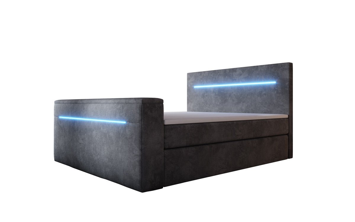 Sejour box spring bed with TV lift, RGB, and storage in corduroy