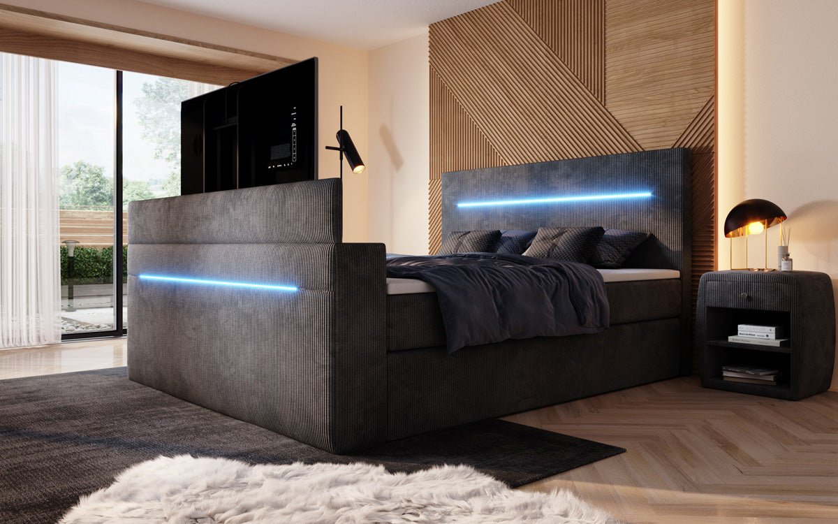 Sejour box spring bed with TV lift, RGB, and storage in corduroy