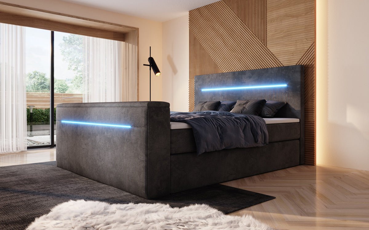 Sejour box spring bed with TV lift, RGB, and storage in corduroy