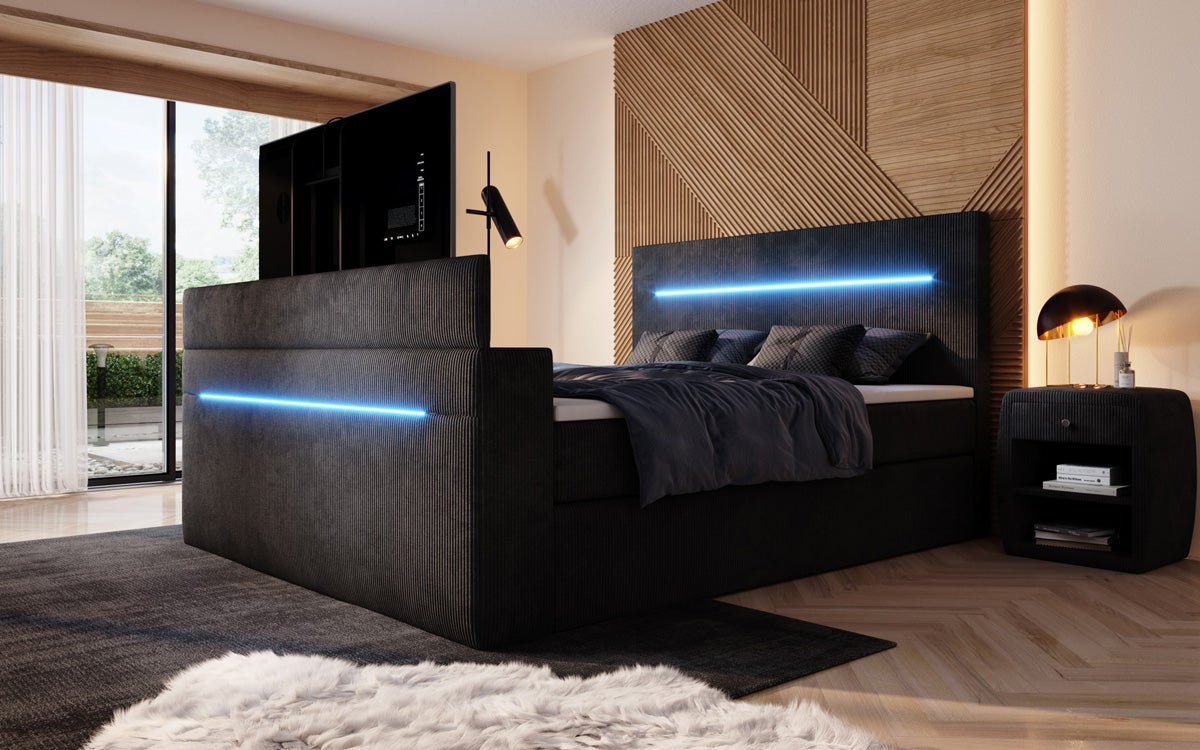 Sejour box spring bed with TV lift, RGB, and storage in corduroy