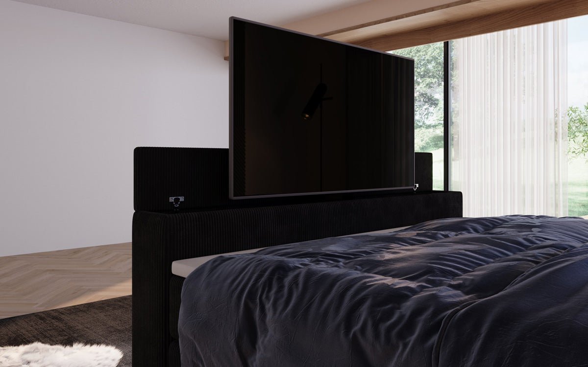 Sejour box spring bed with TV lift, RGB, and storage in corduroy