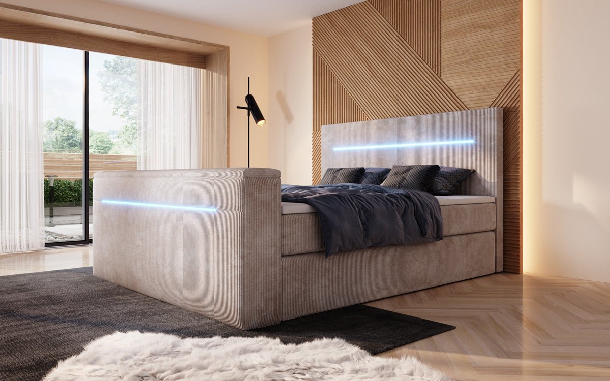 Sejour box spring bed with TV lift, RGB, and storage in corduroy