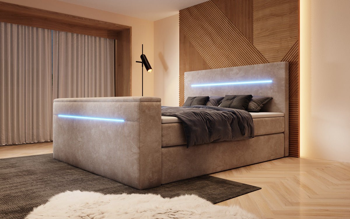 Sejour box spring bed with TV lift, RGB, and storage in corduroy
