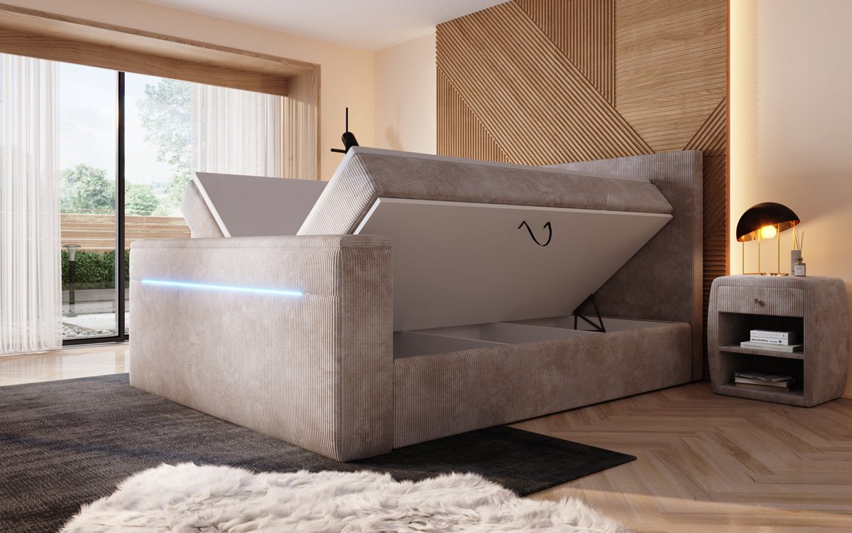 Sejour box spring bed with TV lift, RGB, and storage in corduroy