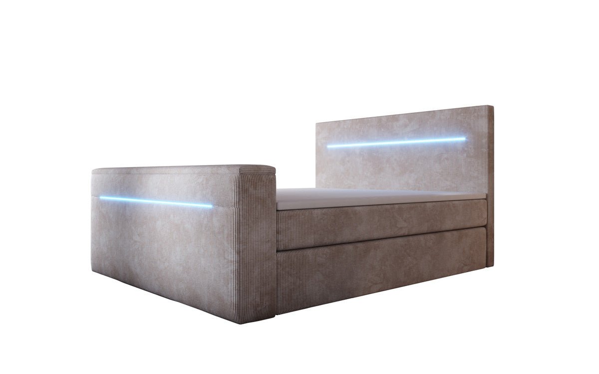 Sejour box spring bed with TV lift, RGB, and storage in corduroy