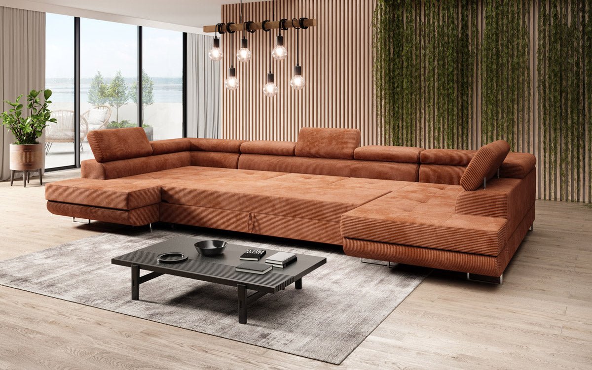 Canapé designer Taormina avec fonction couchage et rabattable en velours côtelé
