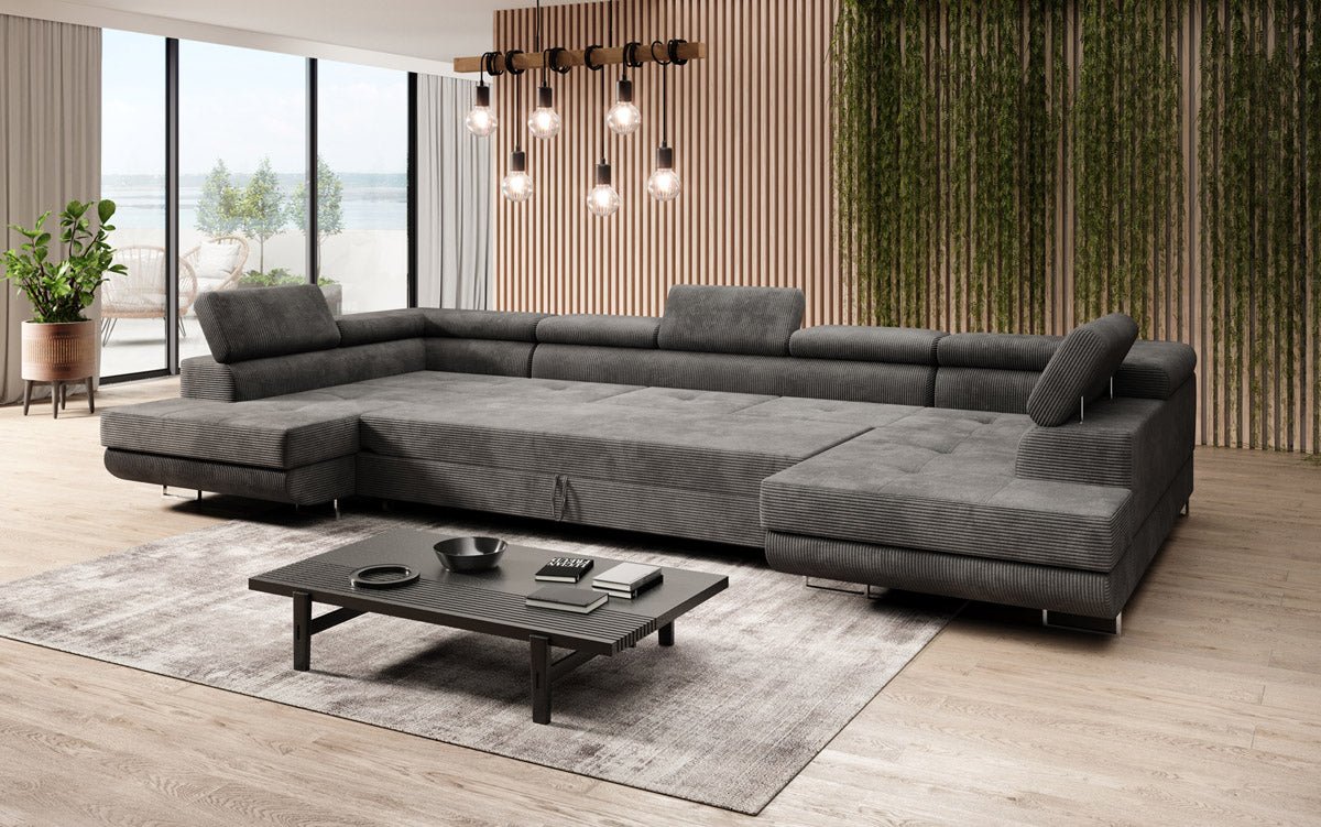 Canapé designer Taormina avec fonction couchage et rabattable en velours côtelé