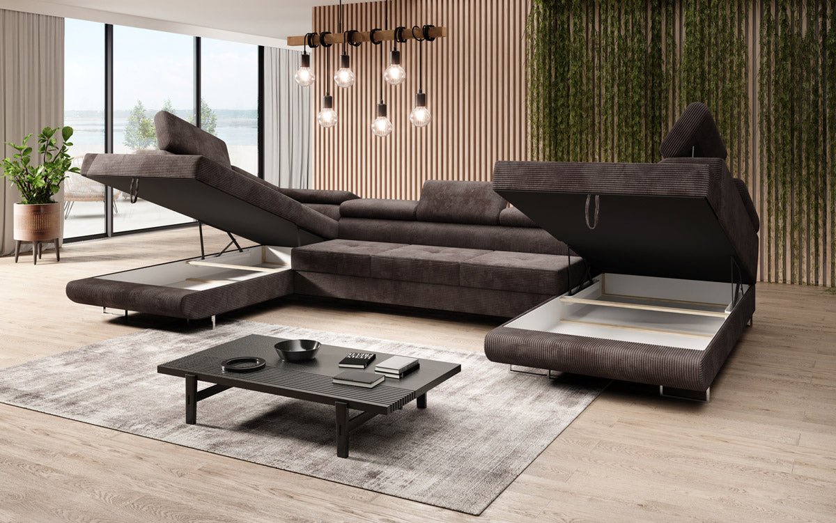 Canapé designer Taormina avec fonction couchage et rabattable en velours côtelé