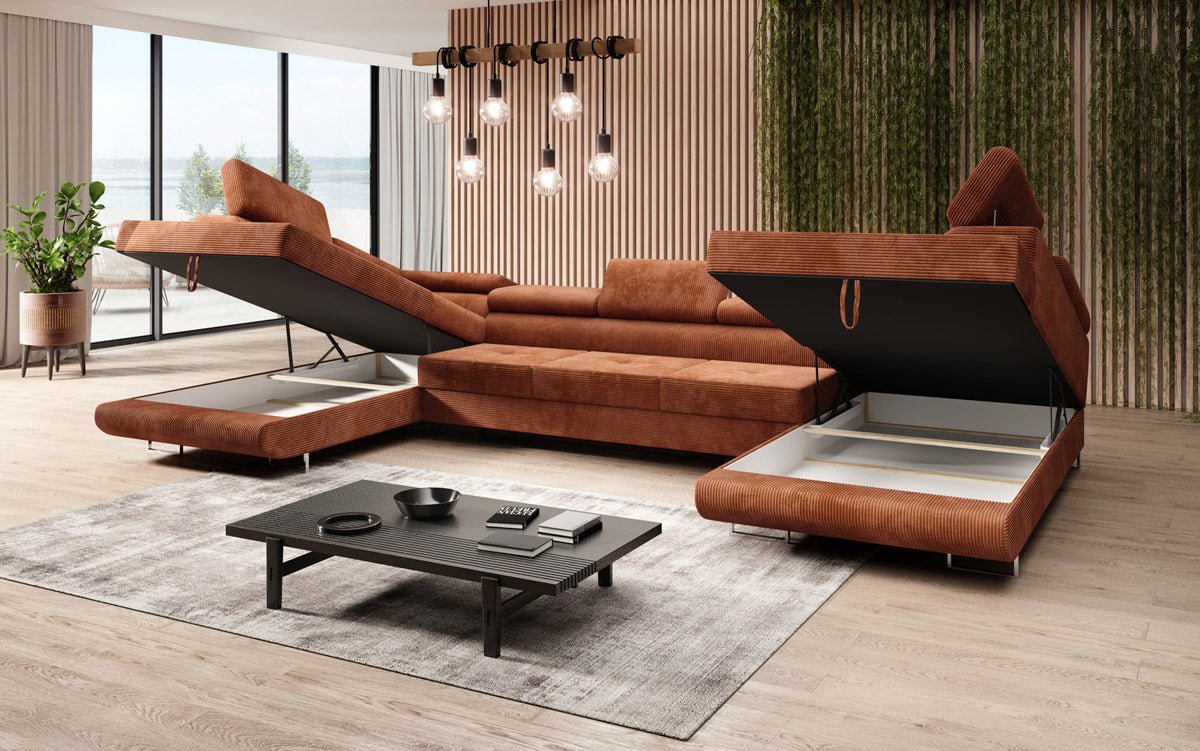 Canapé designer Taormina avec fonction couchage et rabattable en velours côtelé