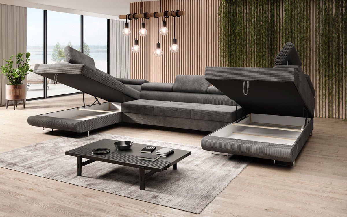 Canapé designer Taormina avec fonction couchage et rabattable en velours côtelé